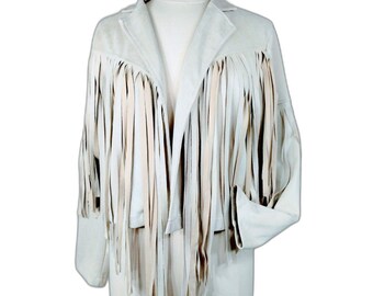 Womens Fringe Jacket Faux Suede Crop Cream Neutral Sz M