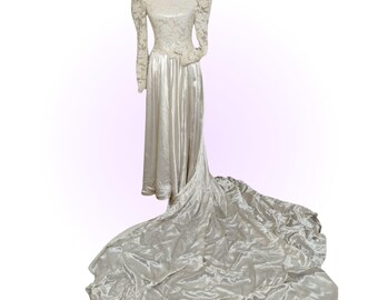 Vintage Wedding Dress | Ivory Waterfall Satin | Bishop Sleeves | French Lace Bodice | High Neck Line | Extra Long Train | Size XS.