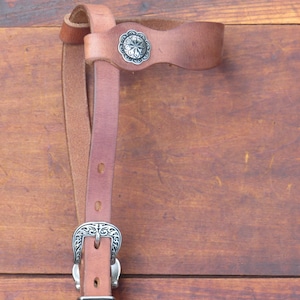 May include: A brown leather horse bridle with silver-colored decorative accents. The bridle features a decorative silver concho and a silver buckle. The leather is a medium brown color.