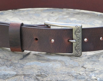 Handmade Leather Belt for Men, 1 1/2” Full Grain Water Buffalo, Changeable Buckle, Made in USA