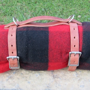 Hand made Hermann Oak harness leather blanket carrier/ blanket harness/bedroll, stainless hardware and handriven copper rivets