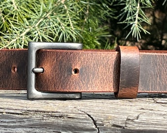 May include: Close-up of a brown leather belt with a square, silver-colored buckle. The belt has a distressed finish, and the buckle is a matte silver. The background is blurred, with green foliage visible.