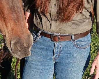 Handcut Full Grain Leather Belt, Berry Buckle, 1 inch