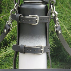 Adjustable  Handmade Full Grain Black leather water bottle carrier with shoulder strap and shoulder pad, Stainless Steel buckles