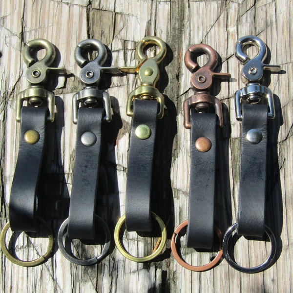 Small Handmade Black  Water Buffalo Full Grain Leather keychain, leather belt loop snap, leather belt loop key fob, leather key fob