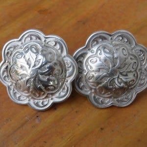 Pair of 1 1/2&quot;  inch Jeremiah Watt Accented Floral Concho with Loop  horseshoe brand hardware, stainless steel,browband , tack, bridle