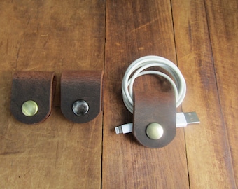 Set of 3 full grain leather cord keeper, cord holder leather Cable Organiser leather wire snap Personalised Gifts