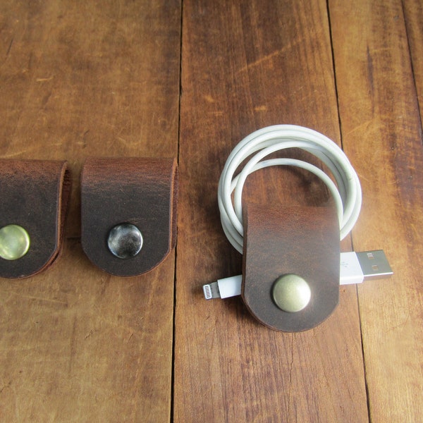 Set of 3 full grain leather cord keeper, cord holder leather Cable Organiser leather wire snap Personalised Gifts