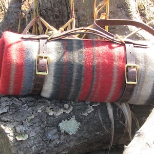 Hand made Crazy Horse Water Buffalo veg tanned leather blanket carrier/ blanket harness/bedroll, solid brass rivets and hardware