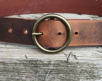 Circle Belt Buckle 1 1/2" wide Custom Handcrafted leather belt, full grain leather belt,Made in USA, leather ring belt, vintage look