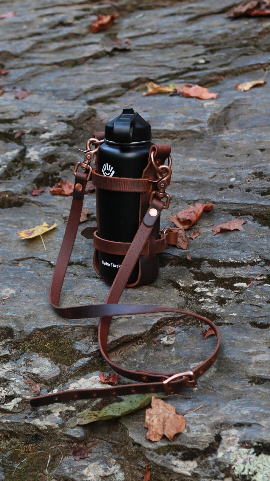 Adjustable Leather Water Bottle Carrier W/ Shoulder Strap Water Bottle