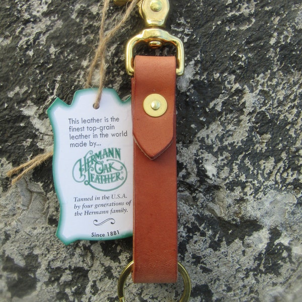 Handmade Hermann Oak Harness Leather keychain solid brass key ring and snap with hand driven rivet