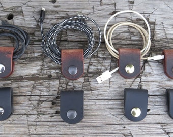 Set of 3 full grain leather cord keeper, cord holder leather Cable Organiser leather wire snap Personalised Gifts