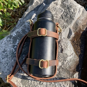 Water Buffalo Leather water bottle carrier bottle hand made adjustable