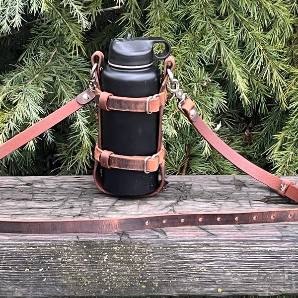 Adjustable Handmade Full Grain Water Buffalo leather water bottle carrier with shoulder strap, Custom made