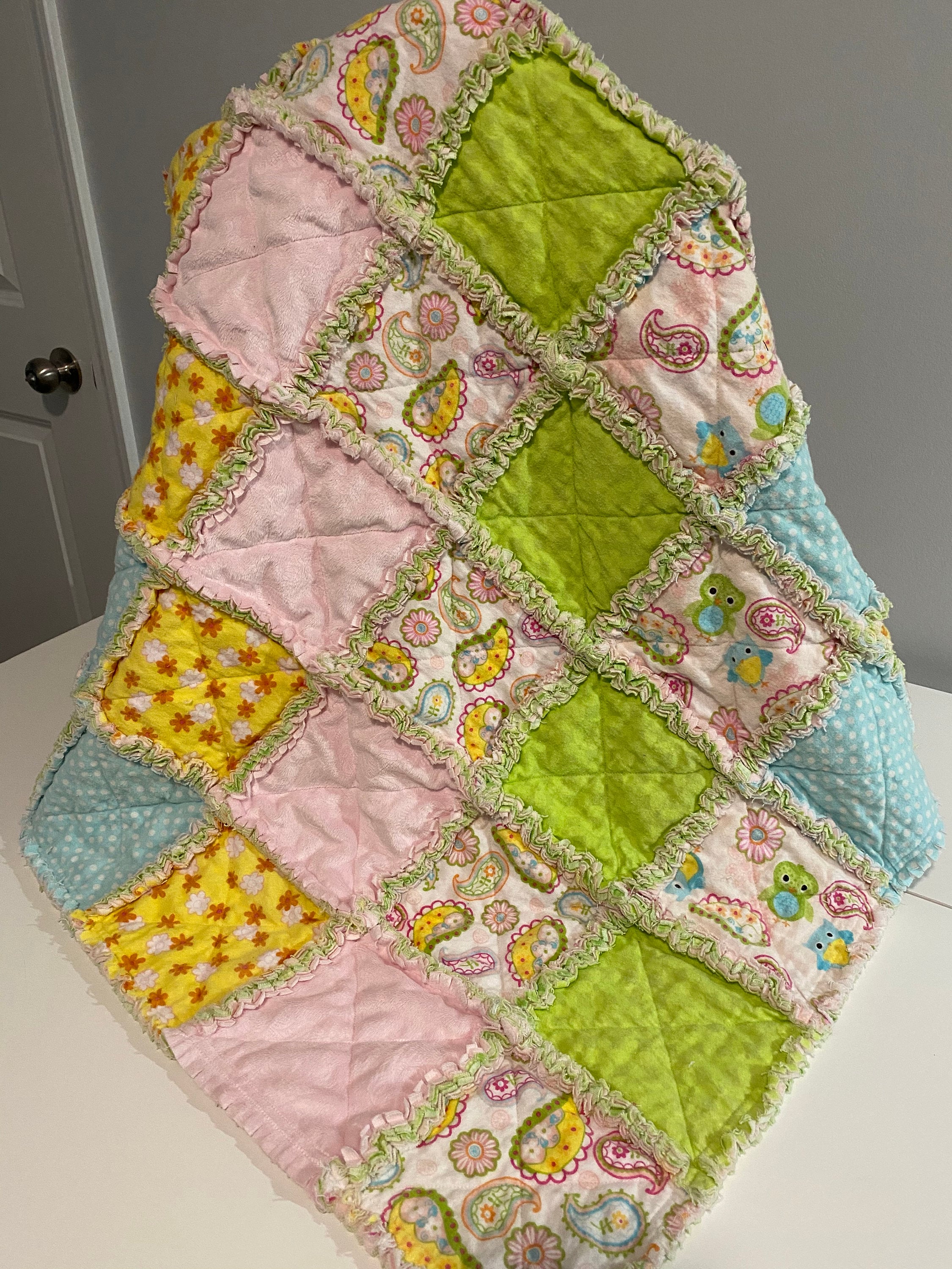 Handmade Baby Rag Quilt Blanket, Owls