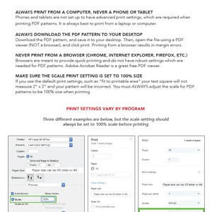 Puede incluir: Una captura de pantalla de una computadora que muestra instrucciones para imprimir patrones PDF. Las instrucciones enfatizan la impresi&oacute;n desde una computadora, la descarga del patr&oacute;n PDF a su escritorio y el ajuste de la escala al 100% antes de imprimir. La captura de pantalla incluye tres ejemplos de configuraciones de impresi&oacute;n de diferentes programas.