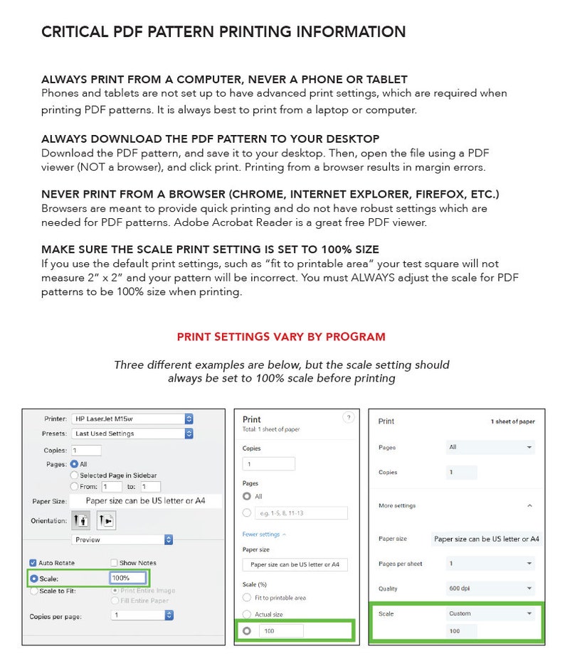 Puede incluir: Una captura de pantalla de una computadora que muestra instrucciones para imprimir patrones PDF. Las instrucciones enfatizan la impresi&oacute;n desde una computadora, la descarga del patr&oacute;n PDF a su escritorio y el ajuste de la escala al 100% antes de imprimir. La captura de pantalla incluye tres ejemplos de configuraciones de impresi&oacute;n de diferentes programas.
