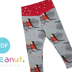 May include: PDF pattern for gray and red leggings with a bird print. The leggings have a red waistband with white plus signs.