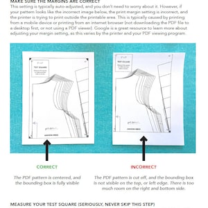 May include: A diagram showing the correct and incorrect way to print a PDF pattern. The correct image shows a 2-inch square test pattern centered on the page. The incorrect image shows the test pattern cut off at the top and left edges. The text reads "Make sure the margins are correct" and "Measure your test square (seriously, never skip this step)".