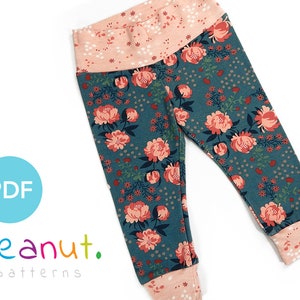 May include: A pair of teal blue leggings with a pink floral print. The leggings have a pink waistband with a white polka dot pattern. The text "peanut. patterns" is visible in the lower left corner of the image. The text "PDF" is visible in a blue circle in the upper left corner of the image.