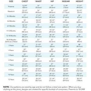 Puede incluir: Tabla de tallas para patrones de ropa, que muestra las medidas de pecho, cintura, cadera, entrepierna y altura en pulgadas y cent&iacute;metros para diferentes edades, desde prematuro hasta 12 a&ntilde;os. La tabla indica que los patrones se dimensionan por edad y no siguen un sistema de tallas de venta al por menor.