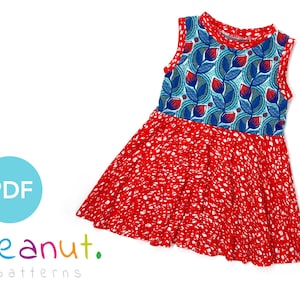 May include: A sleeveless red and blue patterned dress with a white polka dot skirt. The dress has a round neckline and is made of a soft, stretchy fabric. The dress is perfect for a little girl who loves to twirl and play.  PDF pattern.