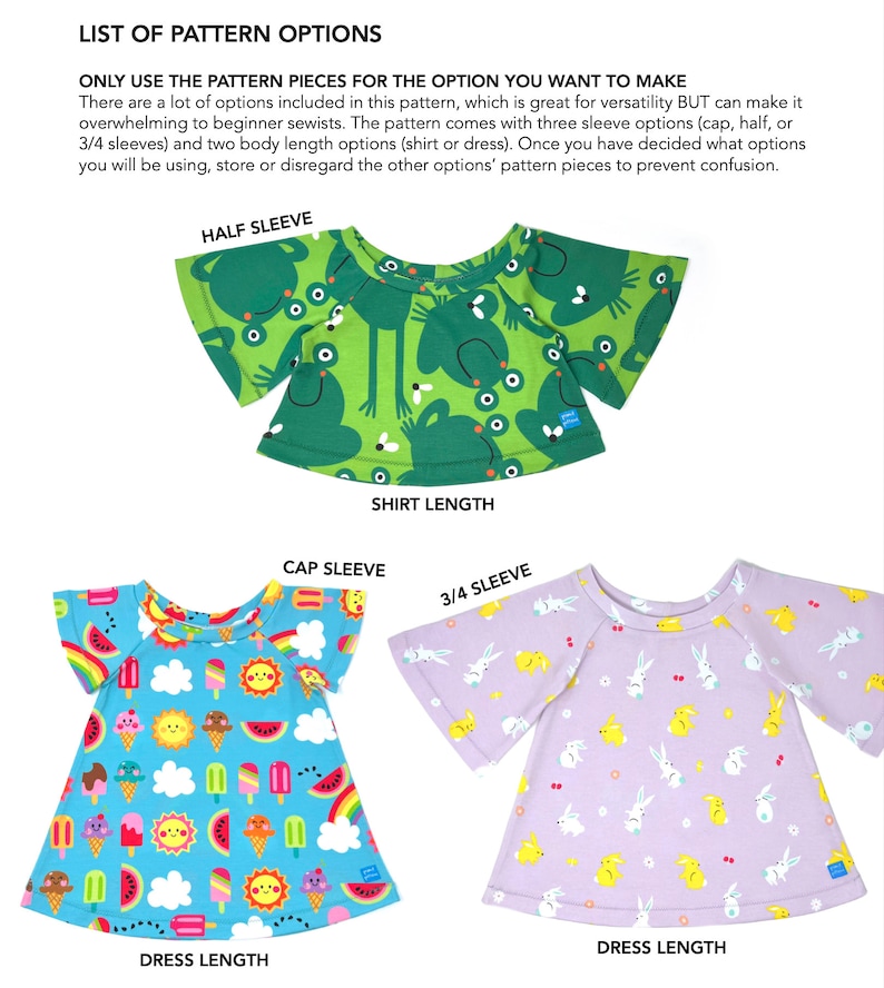 May include: A sewing pattern guide with illustrations of different sleeve and dress length options for a children's clothing project. The options include cap sleeve, half sleeve, 3/4 sleeve, shirt length, and dress length. The illustrations feature a green frog print, a blue and yellow ice cream print, and a purple bunny print.
