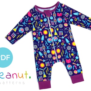 May include: A purple long-sleeve baby onesie with a zipper closure. The onesie has a colorful print of science-themed icons, including beakers, atoms, rockets, and microscopes. The text "PDF" is visible in the lower left corner of the image.