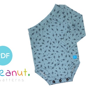 May include: A light blue baby onesie with a black floral print. The onesie has long sleeves and snaps at the crotch. The onesie has a small label that says "peanut patterns".