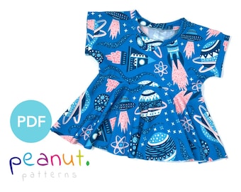 Eenvoudig peplum-topje met korte mouwen naaipatroon • PDF-naaipatroon • Baby, kind, peuter, baby, kind • Pindapatronen Evelyn #106