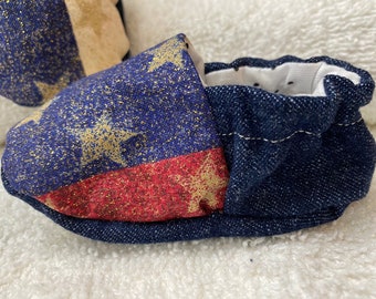 Red, White & Blue (plus Gold Glitter) Stars / Newborn Moccasins / Booties / Shoes / Loafers / Vegan / Handmade in Michigan USA / 4th July