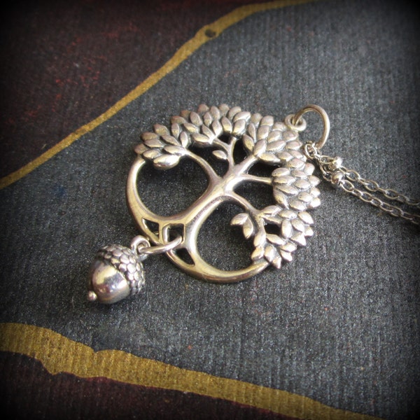 Sterling silver tree of life with dangling acorn pendant, trees, forest, family, pregnancy, motherhood  TAGT sterling silver Ready to ship