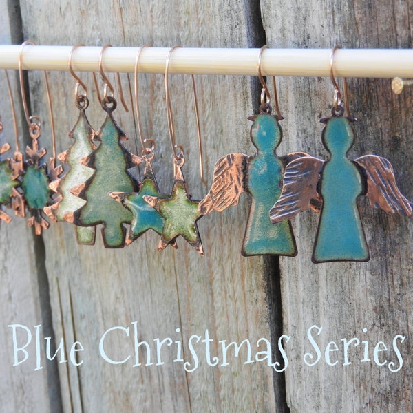 Blue Christmas Series: Handmade Copper Hammered Enamel Earrings, One of a Kind Earrings, Unique Gift for her, Celebrate the Season Jewelry,
