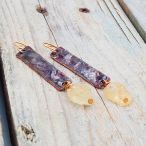 Enameled Copper Rectangular Dangle Earrings with Raw Citrine |  Boho Artisan Copper Jewelry