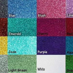 May include: A color chart featuring glitter in various colors, including black, blue, blush, lavender, bronze, emerald, cherry, red, gold, jade, purple, aqua, silver, light green, white, and grass. Each color is labeled.