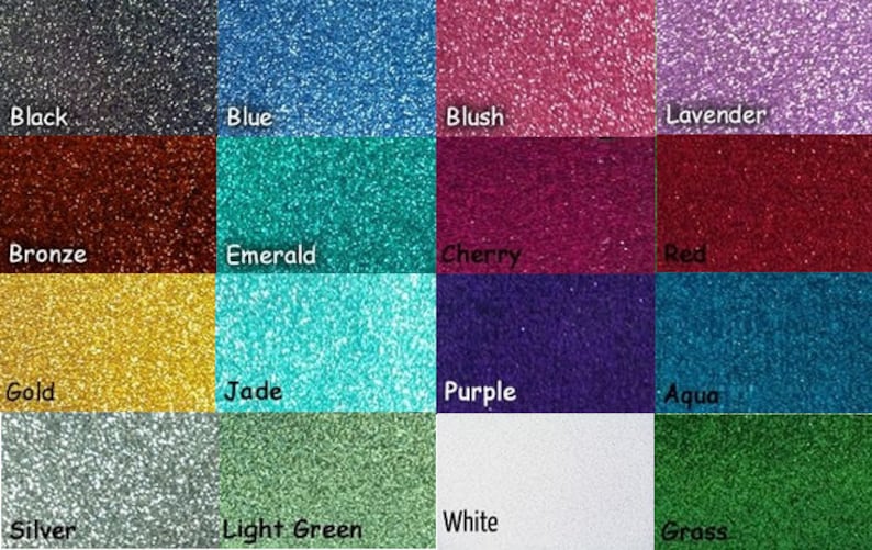 May include: A color chart featuring glitter in various colors, including black, blue, blush, lavender, bronze, emerald, cherry, red, gold, jade, purple, aqua, silver, light green, white, and grass. Each color is labeled.