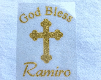DIY Glitter Iron On Decal: God Bless, Cross, Personalized Name