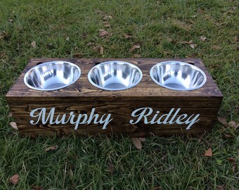 Rustic Wooden Two-Dog Dish Stand