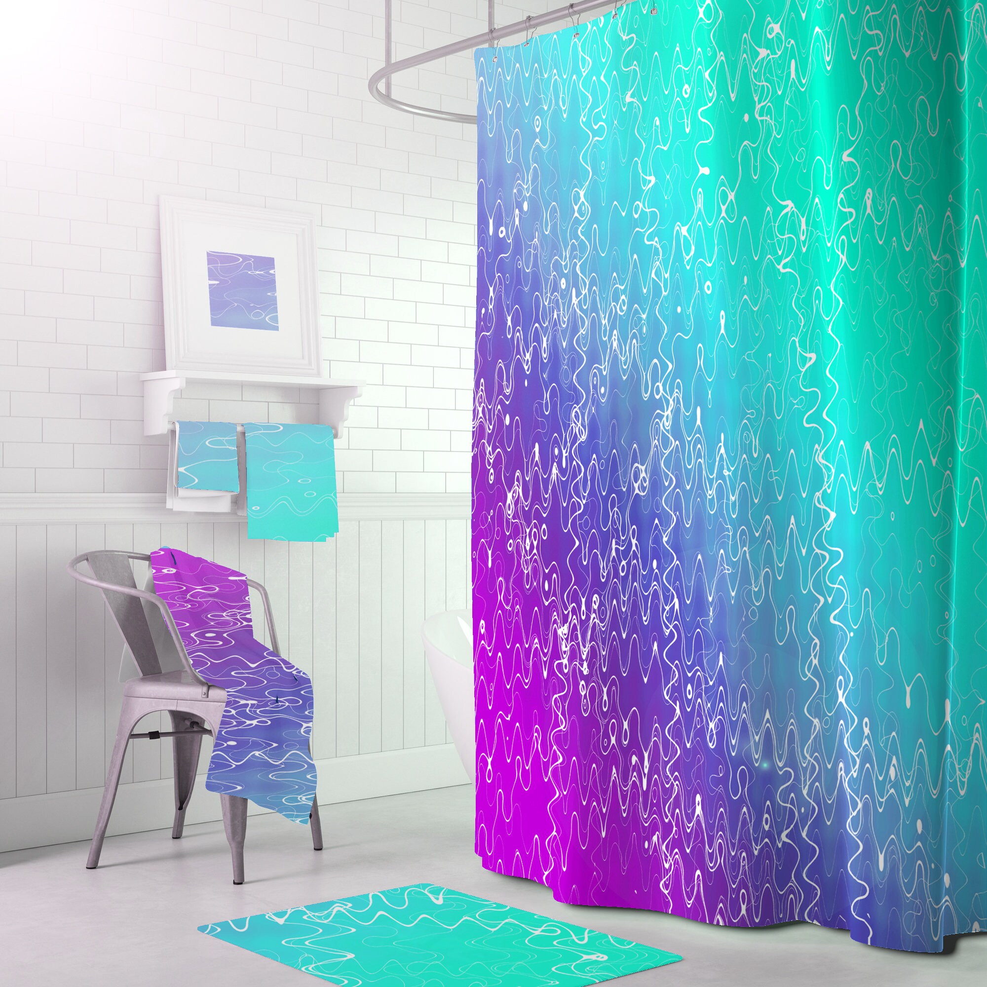 Teal Purple Shower Curtain Turquoise Bathroom Decor Mid Etsy