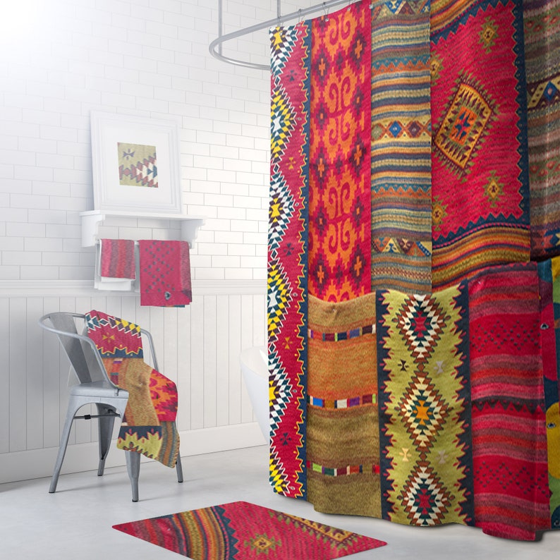 Boho Patchwork Shower Curtain Bohemian Ethnic Bathroom Decor Etsy