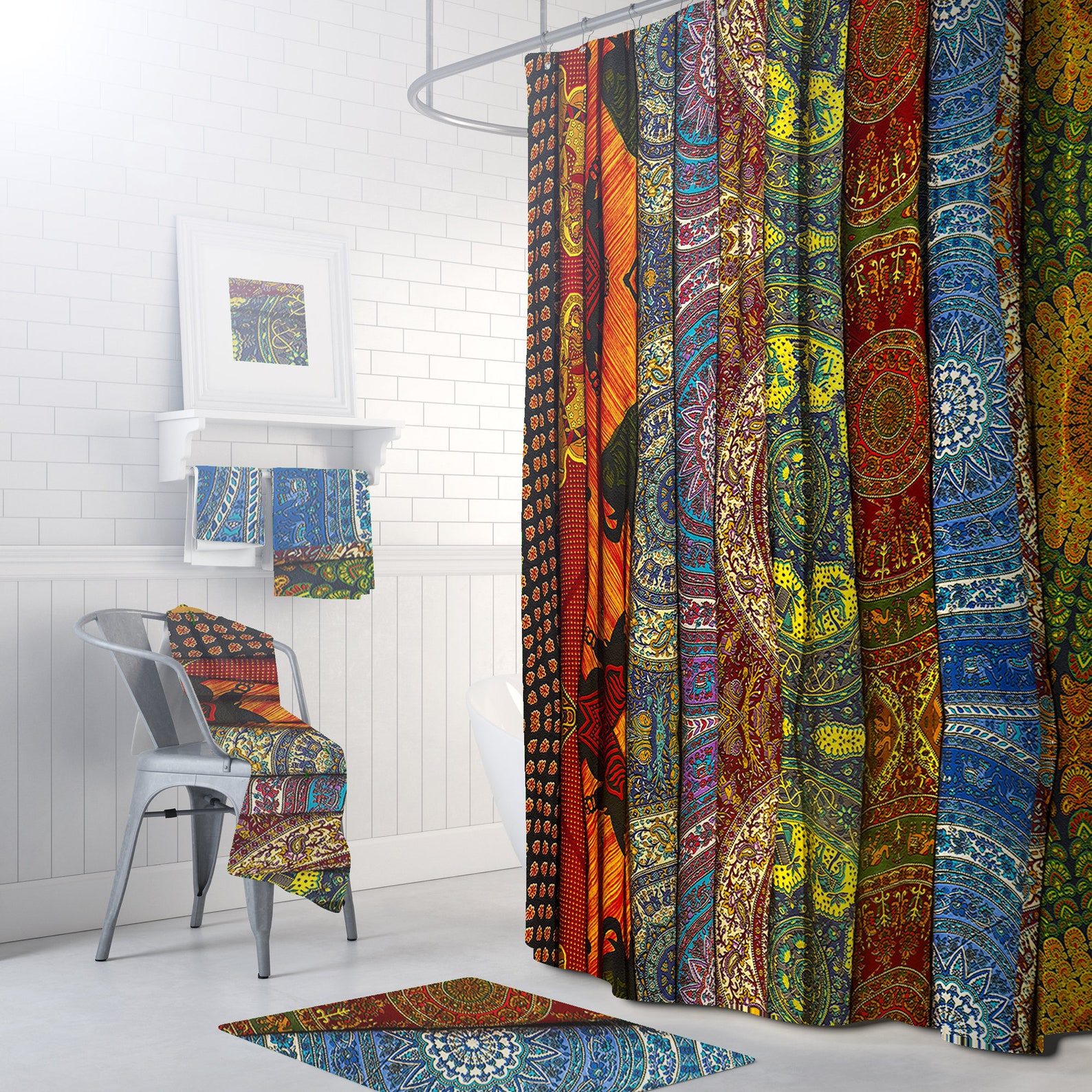 Bohemian Shower Curtain Boho Bathroom Decor Batik Stripe Etsy