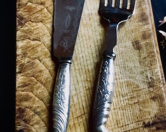 Vintage Silver Serving Utensil Knife Fork Set Silverplate Sheffield England Floral Cottagecore Decor
