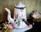Antique French Enamel Coffee Chocolate Pot Roses Enamelware Coffeepot Graniteware