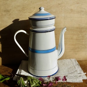 Vintage French Coffee Pot Blue Enamel Enamelware Coffeepot Striped Graniteware Japy Cottage