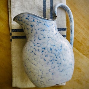 Vintage French Pitcher Enamel Blue Enamelware Water Jug Graniteware Cottagecore Decor