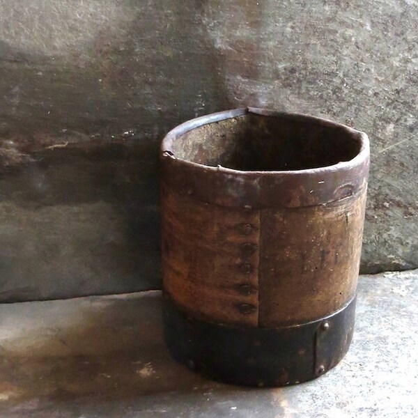 Antique Wooden Grain Measure, from England, Bentwood Nailed Seam, Pantry Box Dry Storage Firkin, Barrel, Rustic Primitive Decor