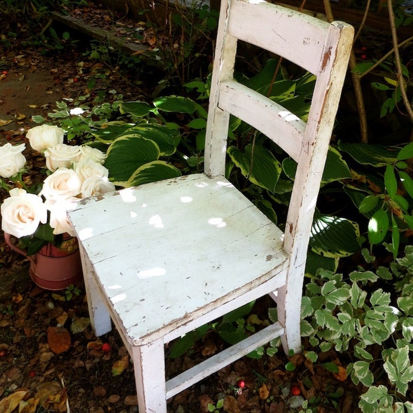 Vintage Wooden Chair, White Chippy Paint, Weathered, Small Size, Rustic Sturdy Porch Furniture, Farmhouse Cottage Primitive Decor