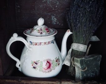 Vintage 1960s Chinese Mille Fleur Red Ceramic Teapot Pink Cottage
