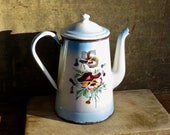 Vintage French Enamel Coffee Pot Blue Enamelware Purple Pansy Floral Coffeepot Graniteware